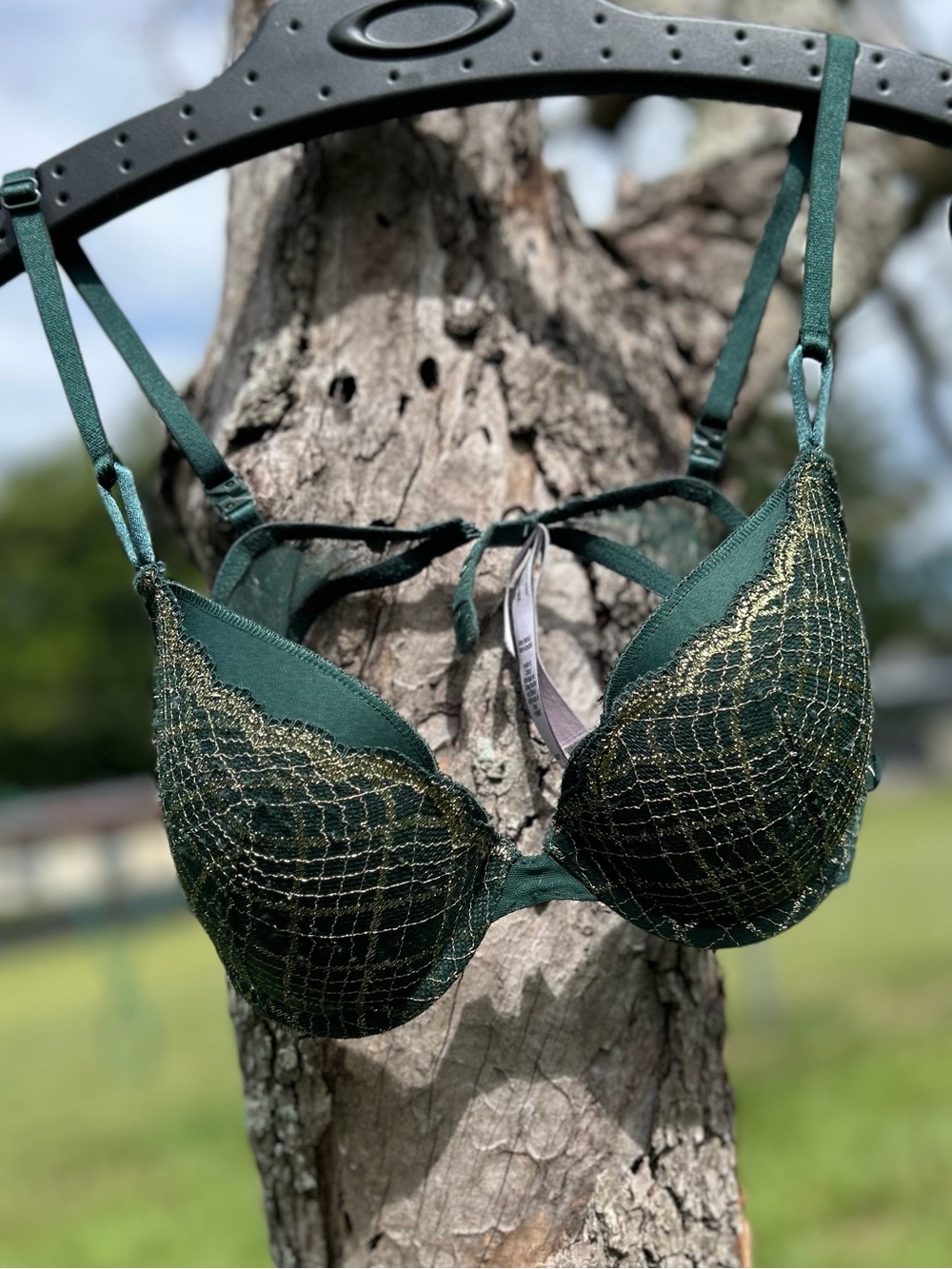 Victoria’s Secret Emerald Green & Gold Metallic Plaid Lace Demi Bra 34C